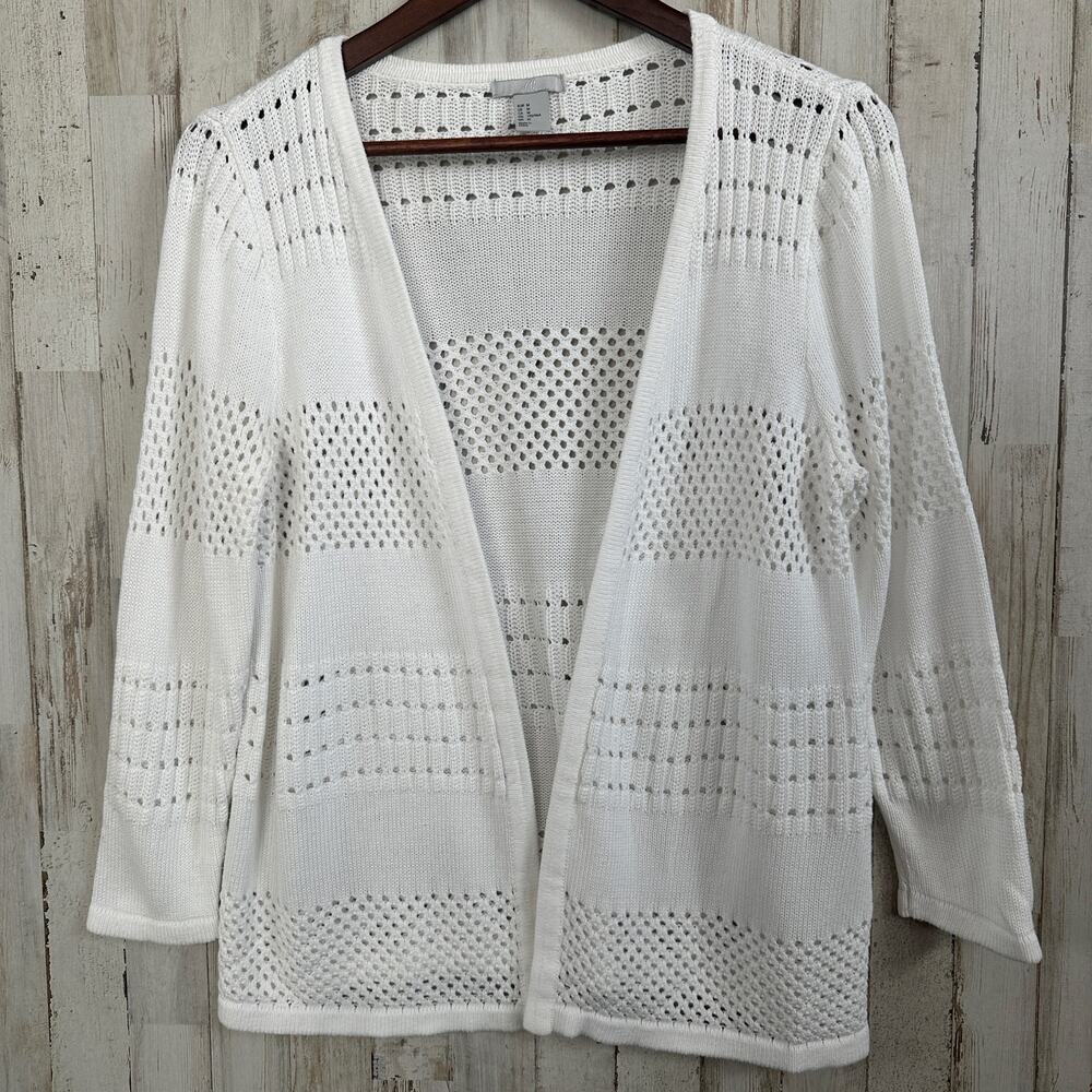 Open Crochet Kimono Cardigan Sweater White Medium Coastal Boho Cottagecore EUC